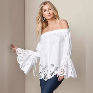VENUS | Women’s Flirty eyelet details and long bell sleeves white top size 12
